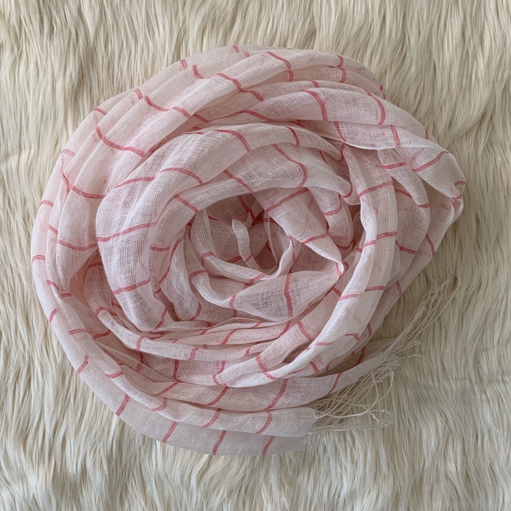 Striped Scarf with Fringe, White + Pink, OS